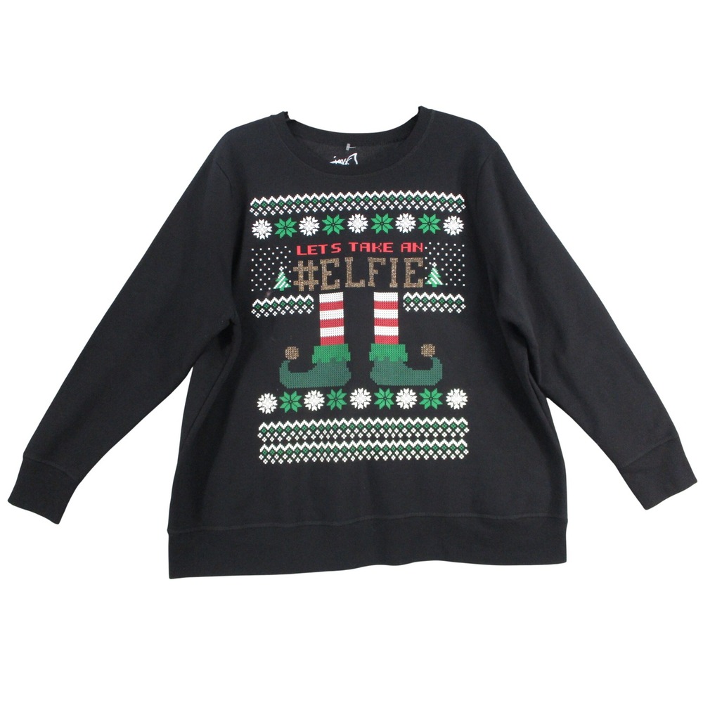 Just My Size Womens Black Elfie Christmas Sweatshirt 2X 18W 20W OJ338 Holiday